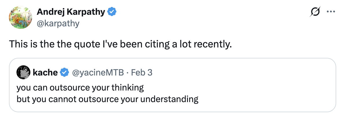 Tweet asking whether understanding of a codebase can be outsourced